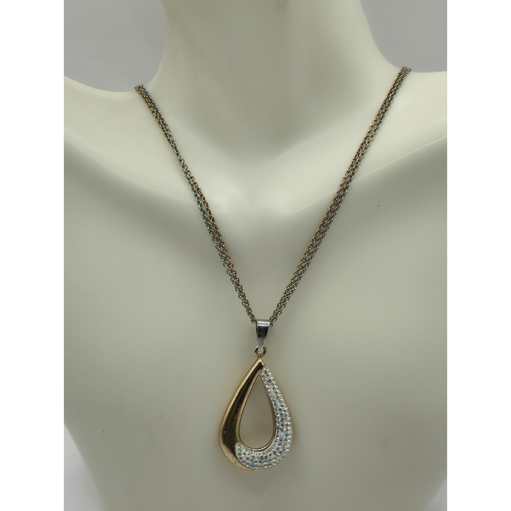 Double Chain Goldtone Sivertone Teardrop Pendant w/ Paved Crystals 18" + 1 1/2"